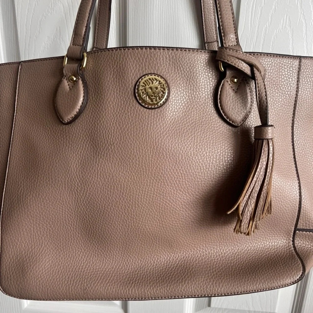 Anne Klein Tote Bag, Faux Leather, Lion Logo,‎ Tassel Charm, Taupe